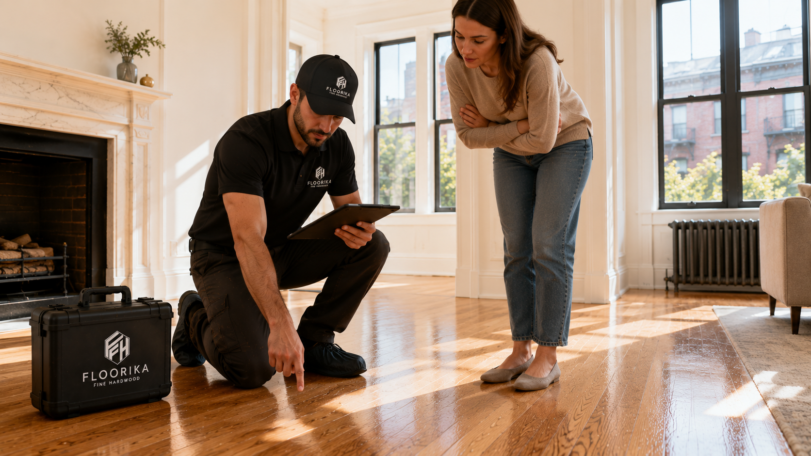  Flooring expert assessing a hardwood floor with a homeowner during an in-home refinishing consultation in NYC.