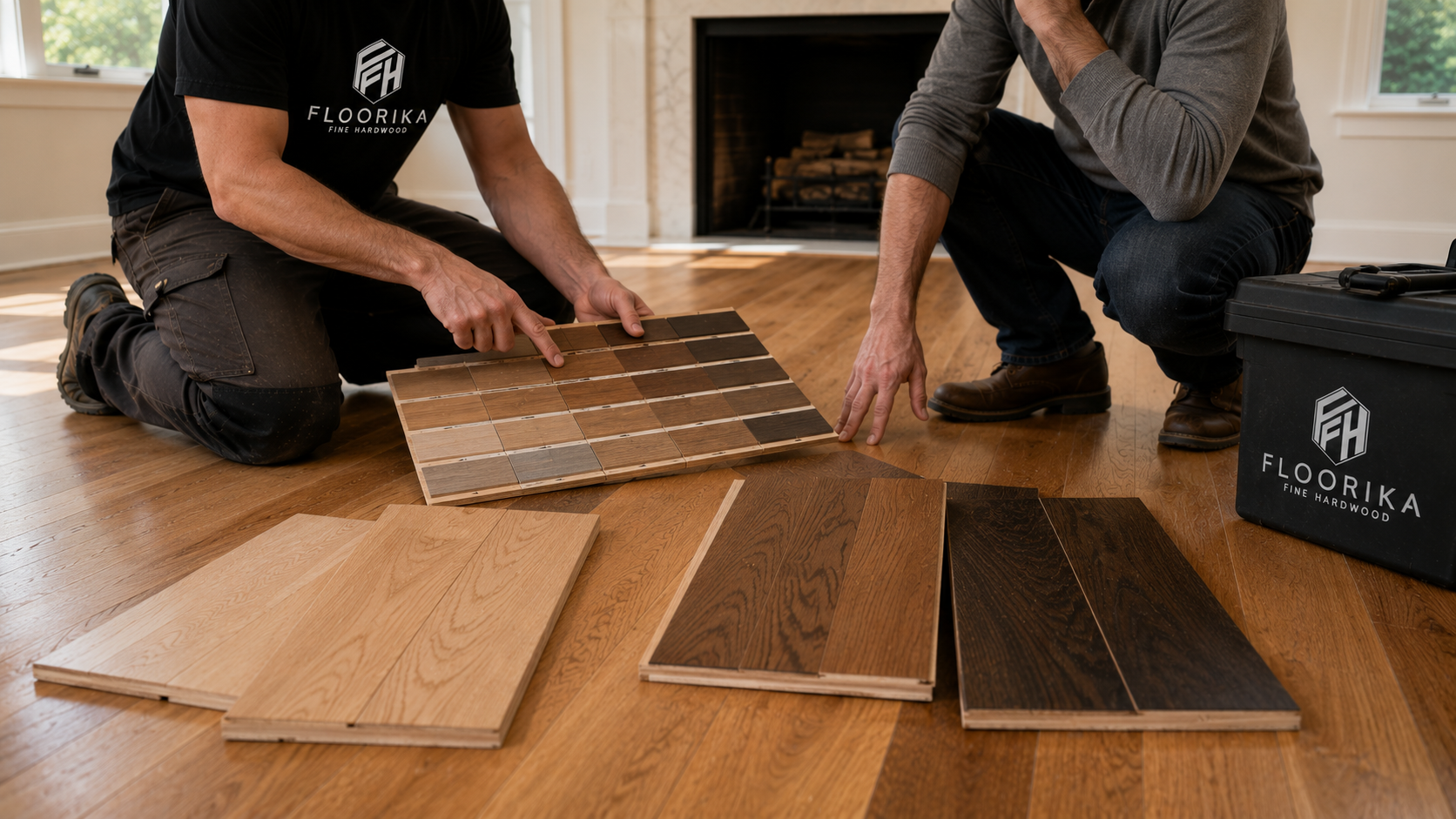 Homeowner reviewing hardwood floor stain color samples with a flooring expert before refinishing in an NYC home.