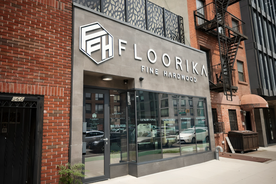 Floorika Fine Hardwood showroom in Brooklyn, NYC, featuring premium honey oak and walnut hardwood flooring.