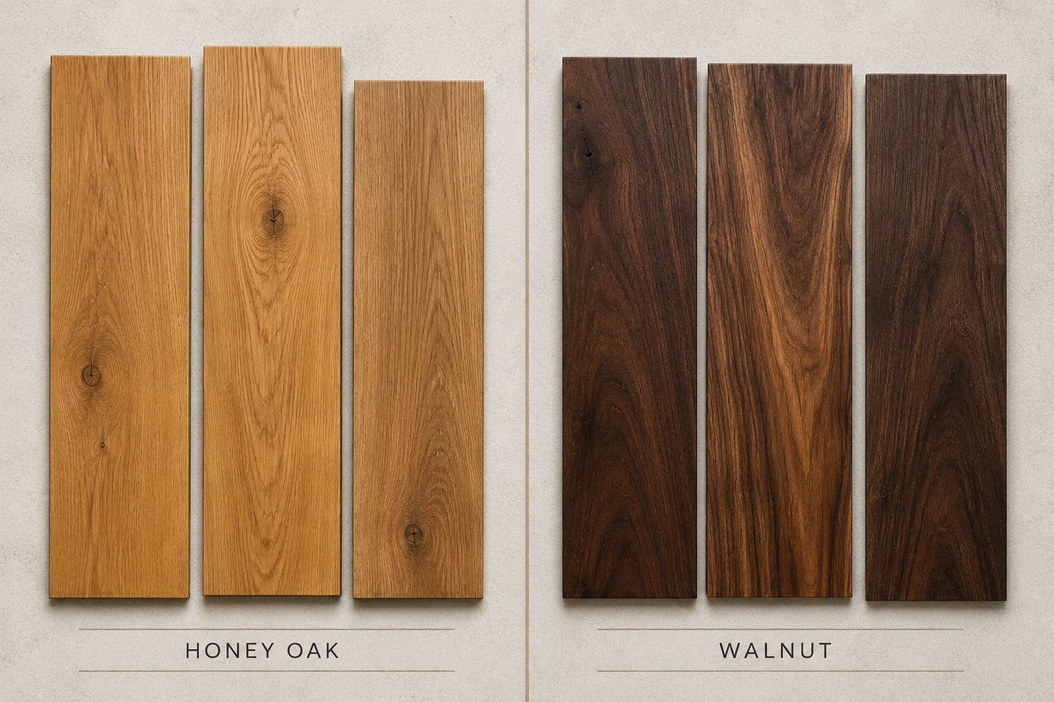 Honey oak and walnut hardwood flooring samples comparing warm wood tones, grain patterns, and color variations for NYC homes.
