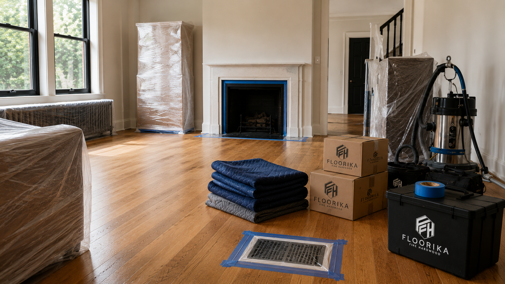  Hardwood floor refinishing preparation with furniture wrapped, HVAC vents sealed, and work area ready in an NYC home.