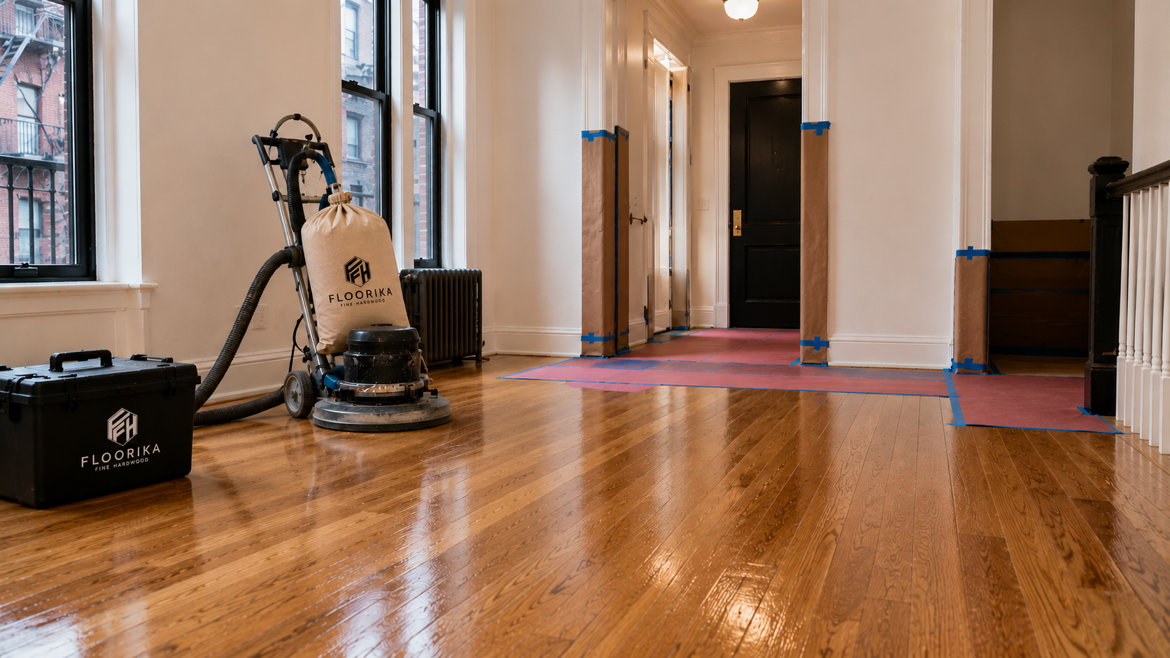 Hardwood floor refinishing in an NYC apartment with dust containment and protective coverings to meet building requirements.
