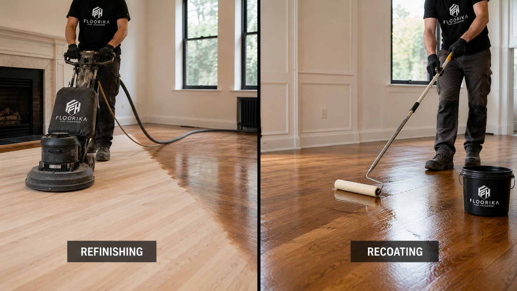  Hardwood floor refinishing vs. recoating comparison showing sanding and applying a new finish in an NYC home. 