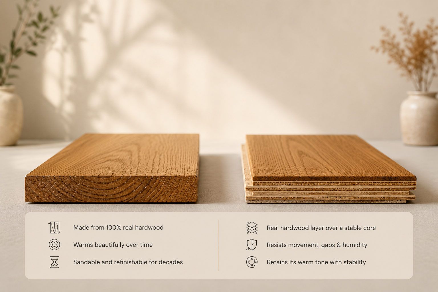 Solid vs. engineered hardwood flooring comparison showing construction and warm wood tone performance for NYC homes.