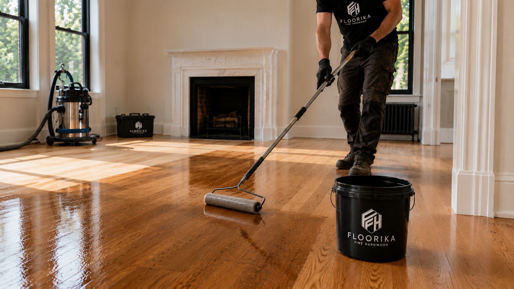Professional applying the final finish coat during hardwood floor refinishing to ensure a durable, long-lasting wood floor.