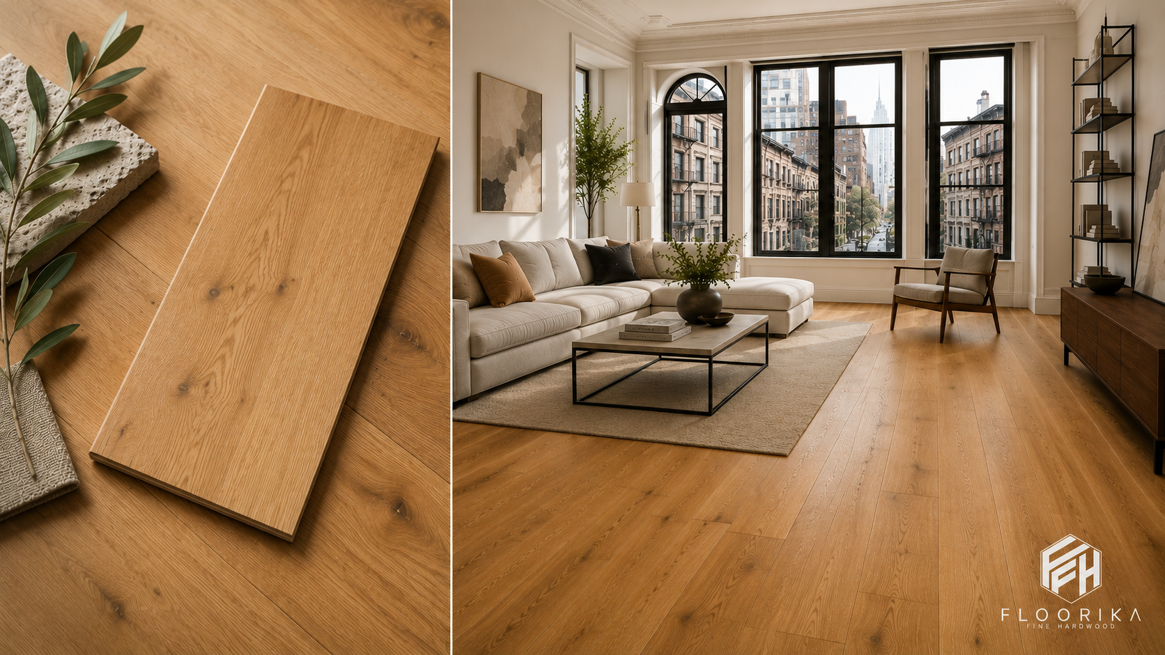 Honey oak hardwood flooring sample and modern NYC living room showcasing warm wood tones in a bright interior.
