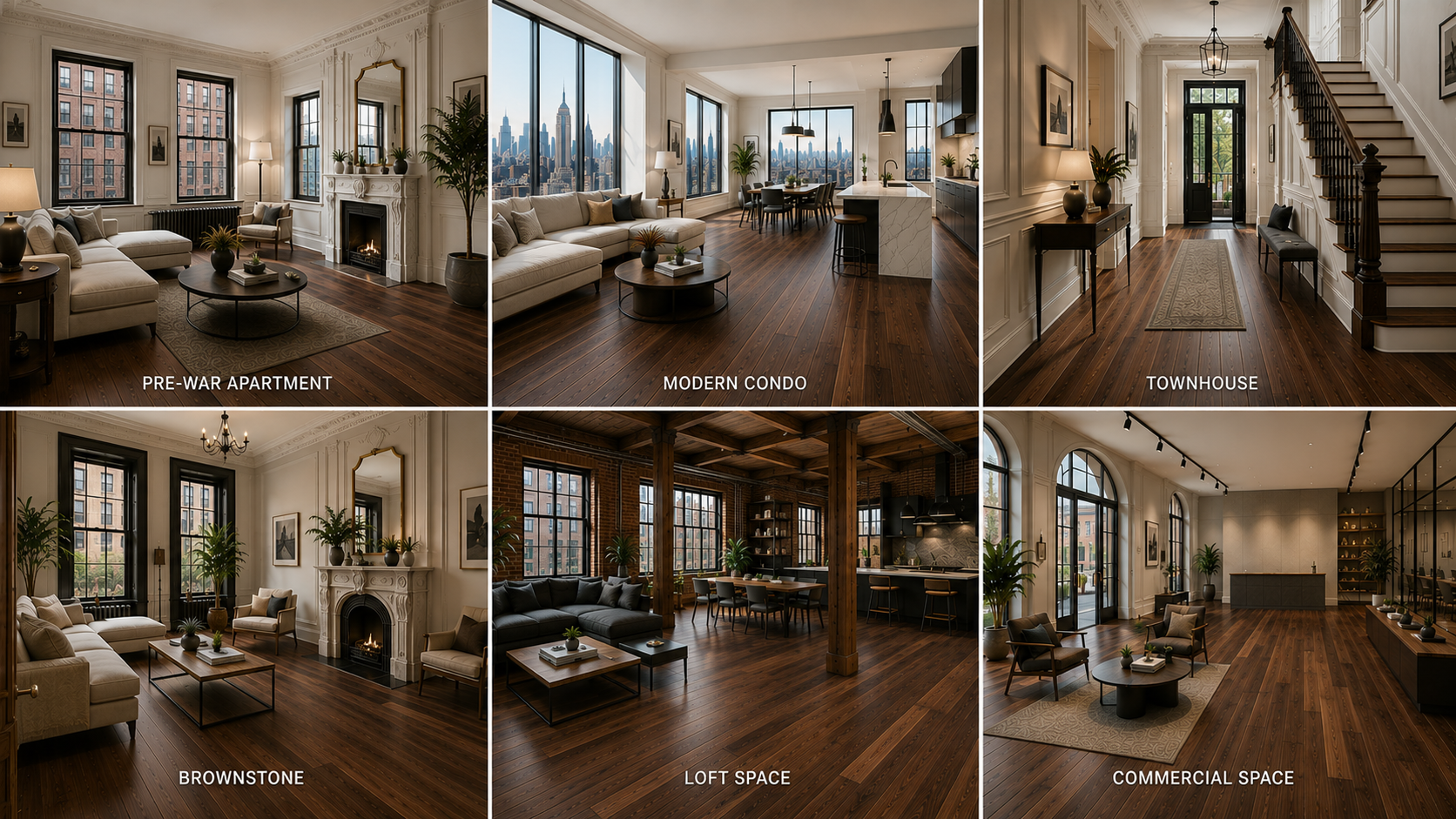 Walnut hardwood flooring in NYC homes, including pre-war apartments, condos, brownstones, lofts, townhouses, and commercial spaces.