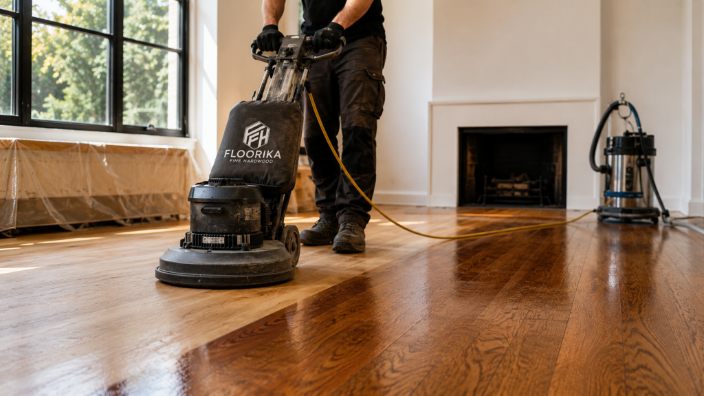 Professional hardwood floor refinishing by Floorika Fine Hardwood using a floor sanding machine in an NYC home.
