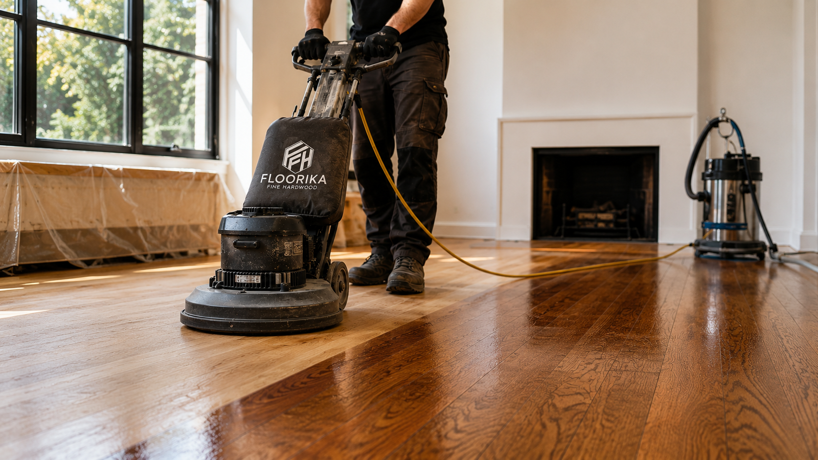 Professional hardwood floor refinishing by Floorika Fine Hardwood using a floor sanding machine in an NYC home.