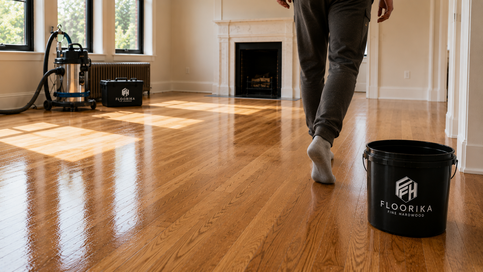  Person walking in socks on newly finished hardwood floors after refinishing during the recommended curing period.