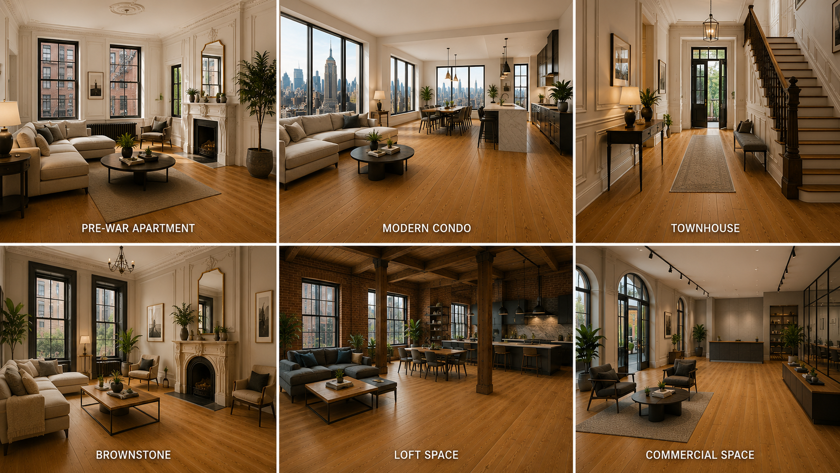 Honey oak hardwood flooring in NYC homes, including pre-war apartments, condos, brownstones, lofts, townhouses, and commercial spaces.