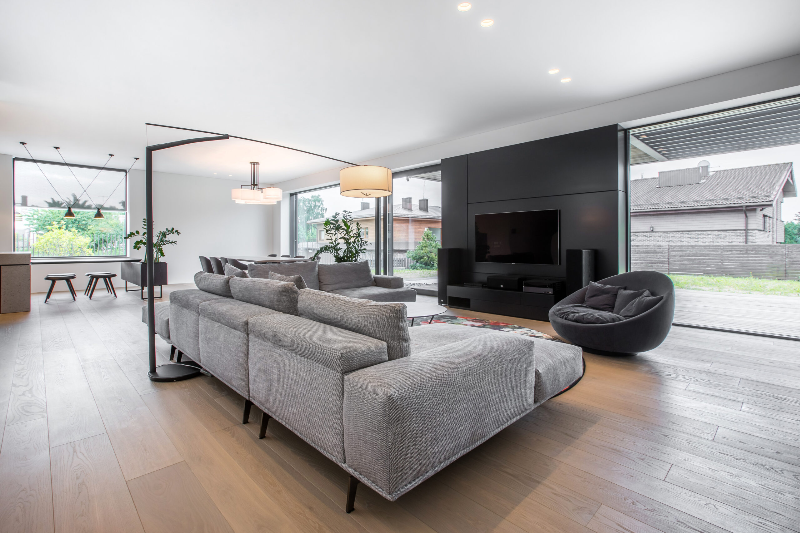 Contemporary interior with wide plank oak flooring