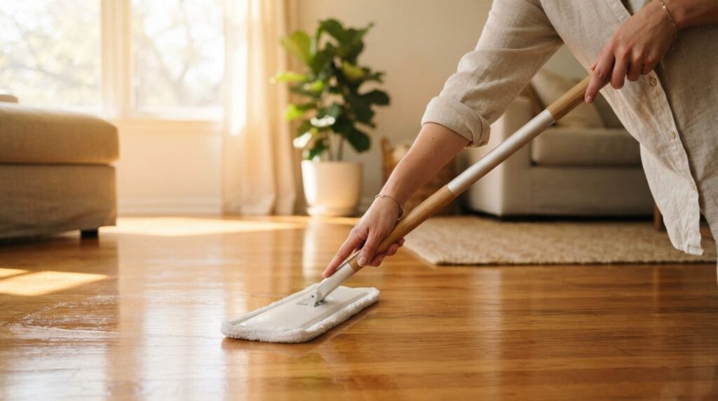 person cleaning hardwood floors